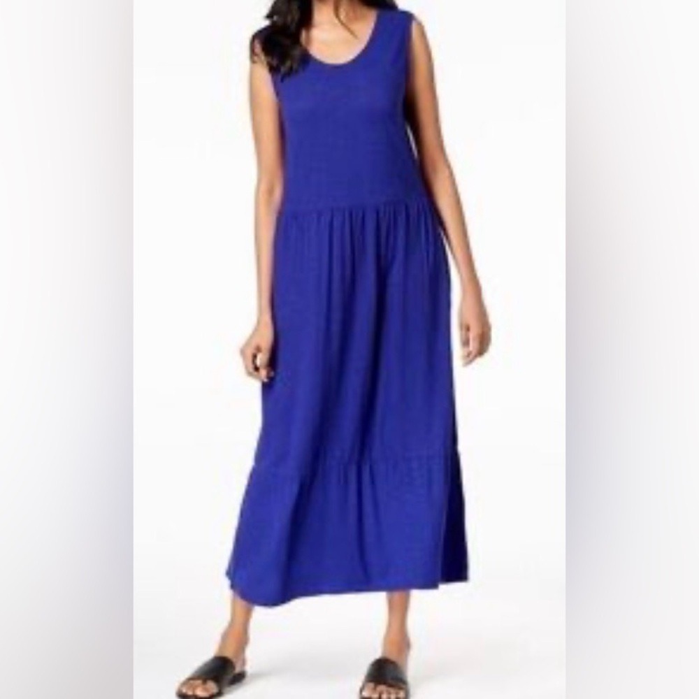 EILEEN FISHER Royal Blue Hemp Organic Cotton Tiered Scoop Neck Midi Sun Dress S